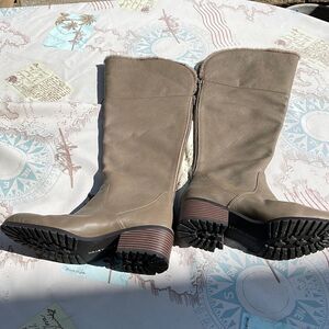 H by Halston Taupe Leather Over-the-knee Boots with Faux Fur - “Donna”, SZ 6.5M